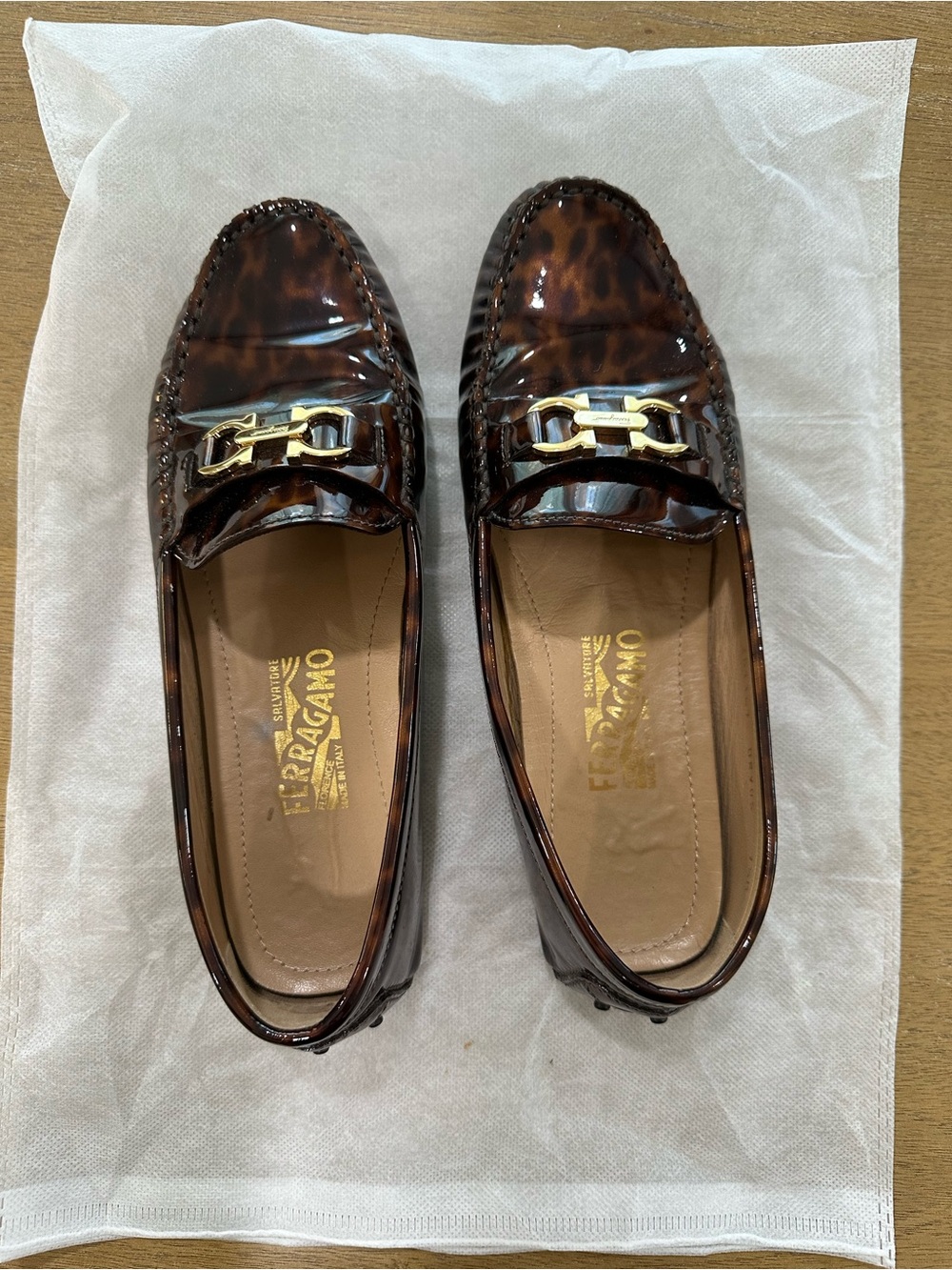 Salvatore Ferragamo Patent Leather Animal Print Loafers (Size 7.5)